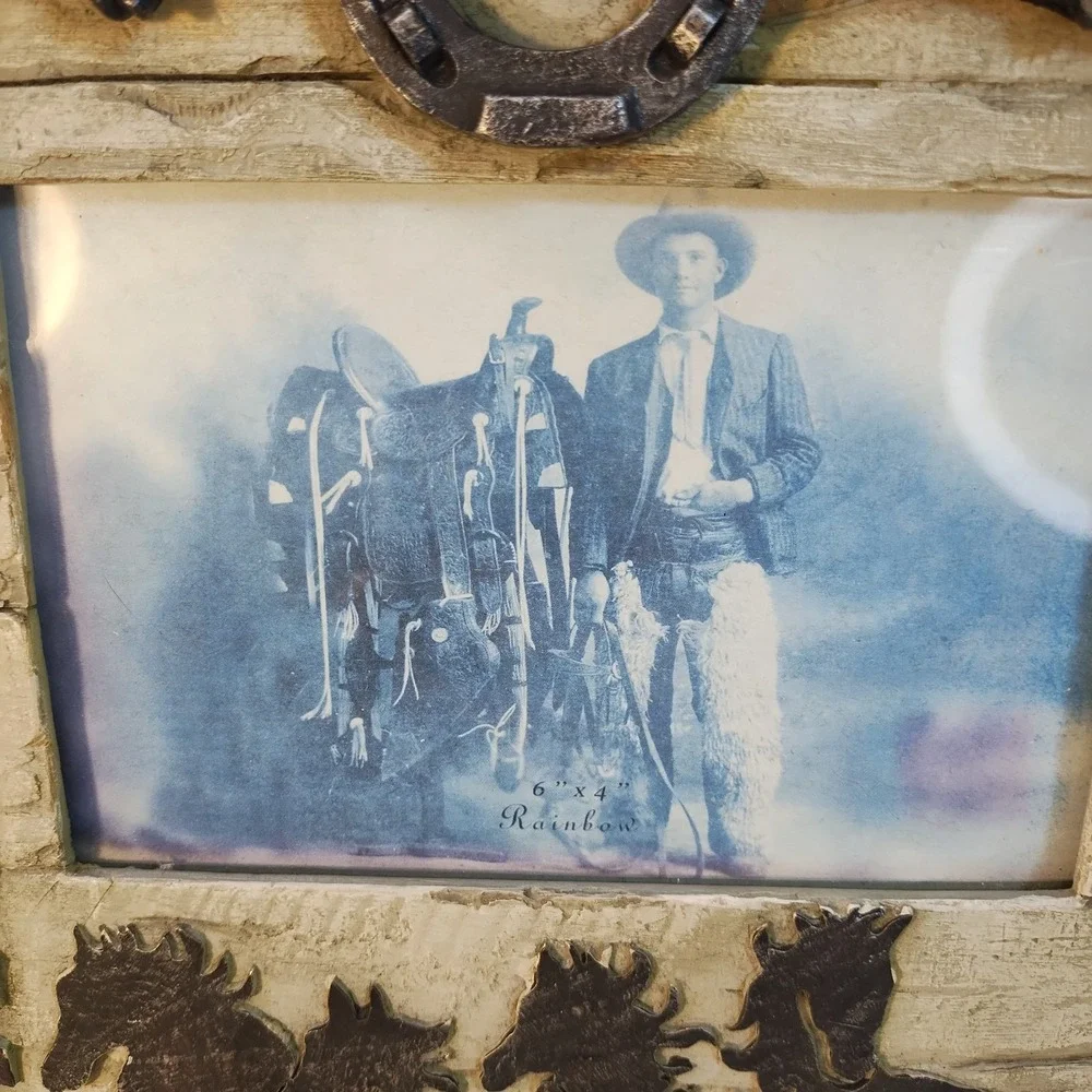 Weathered Barnwood Barbed Wire and Cowboys Silloutte Picture Framw Western 4x6